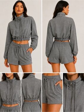 Forever 21 Gray Cropped Zip Jacket & Shorts 2-Piece Set